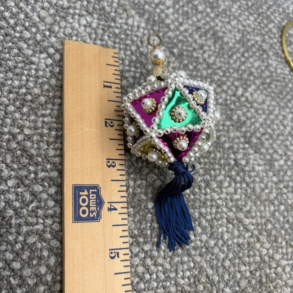 Vtg Christmas Ornament Geometric Push Pin Beaded Foil Faux Pearl w Tassel - Picture 10 of 10